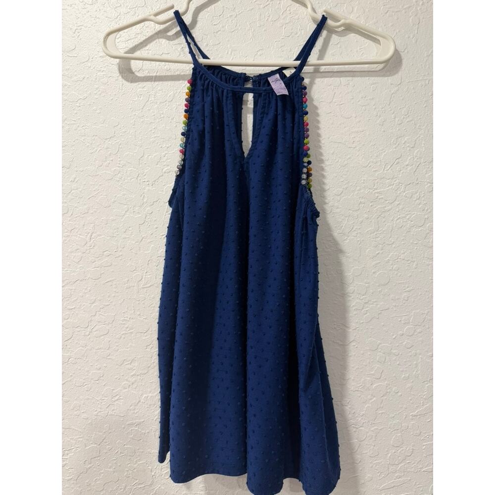 Alya Navy Blue Pom Pom Bead Trim Swiss Dot Halter Tank Top Size S
